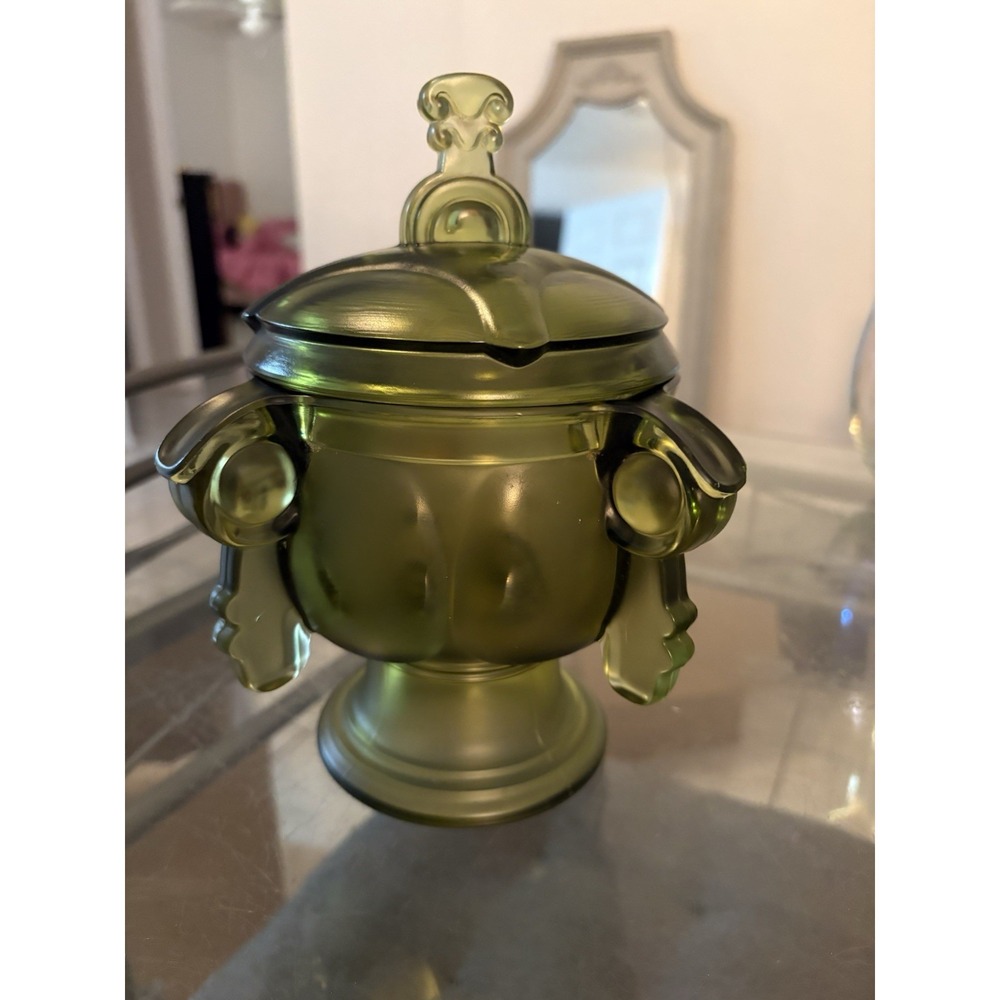VTG Olive Green Satin Glass Covered Urn Biscuit Jar Pedestal 9.5" Heavy